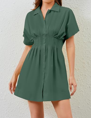 Image of Women Summer Short Sleeve Button Front Pleated Shirt Dress Striped Collar V Neck Casual Y2k Swing Short Mini Dress
