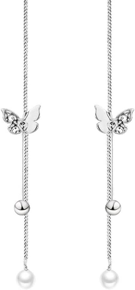 SLUYNZ Sterling Silver Butterfly Threader Earrings Dangle Chain for Women Teens Pearl Long Dangle Earrings Tassel