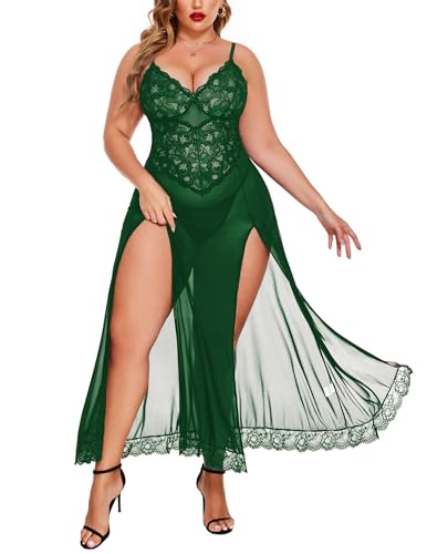 Image of Avidlove Plus Size Lingerie for Curvy Women Long Lace Babydoll Nightdress | V neck sheer mesh nightgown,g-string included,high side slits,adjustable straps,curve-flattering fit,maternity photoshoot