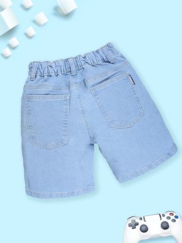 Image of KiddoPanti Boys Knee-Length Denim Shorts | Stretchable Cotton Poly Denim | Comfortable Fit with Button Elasticated Waistband & Zip Fly