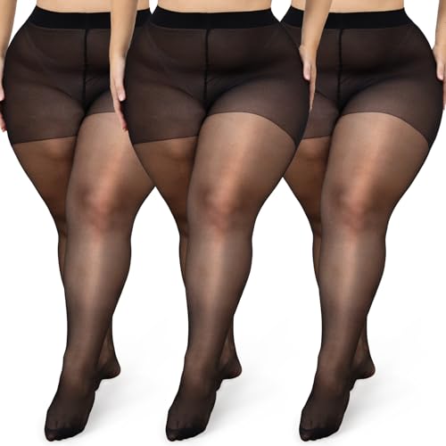 Image of CASMON 3 Pairs Plus Size Sheer Tights for Women, High-waist 20D Pantyhose Control Top with Reinforced Toe for Daily(XL-4XL)