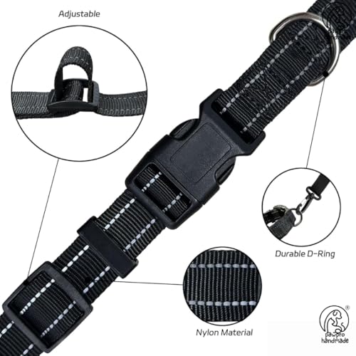 Image of PAWPRO HANDMADE Reflective Nylon Dog Collar with Customizable Bone-Shaped Tag -Adjustable for Safety and Comfort, Fits 35-50 Cm Neck -Black (Black, Medium)