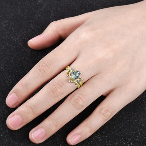 Pear Cut Moss Agate Engagement Ring Set for Women 2CT Natural Moss Agate Wedding Ring Set Sterling Silver 10K 14K 18K Gold Bridal Rings Set Size 4-124