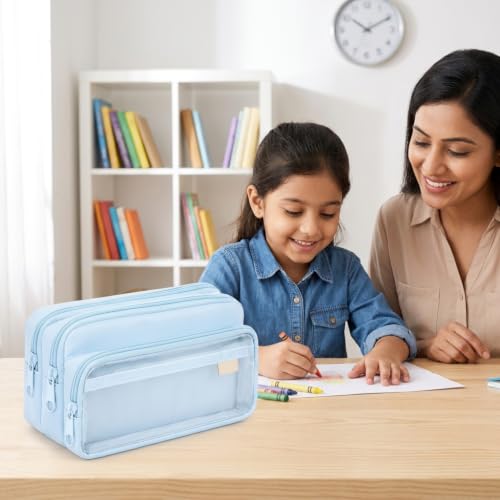Image of ZIBUYU Large Pencil Case, 4 Compartments, Pen Pouch, Blue, School Office