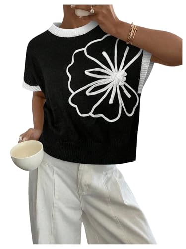 Image of SOLY HUX Women's Short Sleeve Sweater 3D Floral Sweaters Pullover Tank Tops Knit Vest Trendy Fashion Clothing Black White Flower X-Small