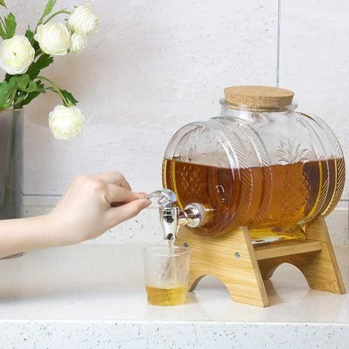 Image of 5 Liter Glass Beverage Dispenser with Spout & Tap, Lid & Wooden Stand Cold Ice Drink Dispensers for Water, Cocktails,Home & Restaurants, Party,Bar, Ideal for Gift Set of 1