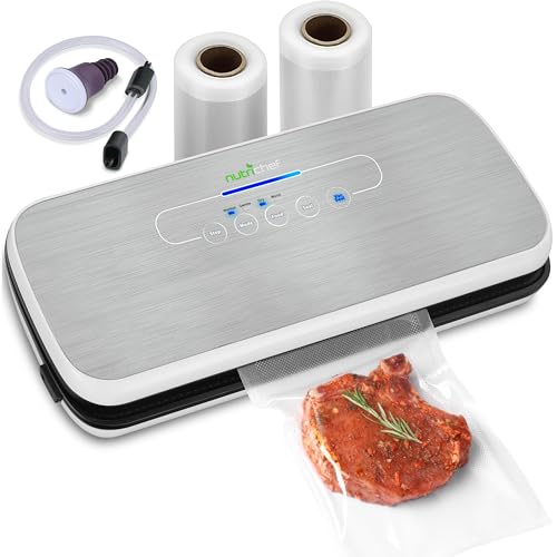NutriChef Vacuum Sealer Automatic Vacuum Air Sealing System For Food Preservation w Starter Kit Compact Design Lab Tested Dry Moist Food Modes Led Indicator Lights