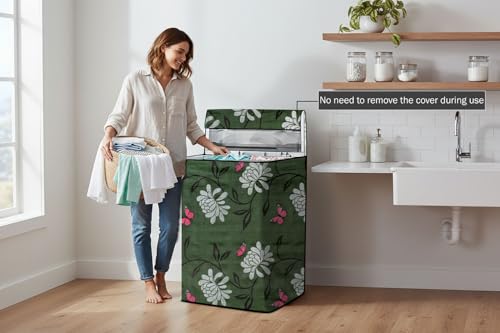Image of Stylista PVC Washing Machine Cover Compatible for 6.5 KG Fully-Automatic Top Load TL- RDW 6.5 kg Aqua, Petals Pattern Green