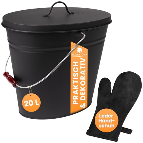 BLACK OAK Vesuvio - Cubo para cenizas (20 L, con guante de piel, ovalado, con tapa, 20 L, acero galvanizado ignífugo, revestimiento en polvo, cenizas y carbón, accesorio ideal para chimenea y estufa