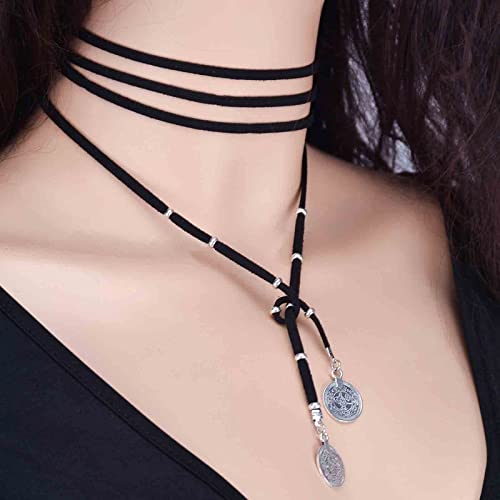 Yheakne Boho Lange Lederhalskette Schwarzes Leder Wrap Choker Halskette Vintage Disc Coin Halskette Vagan Wildleder Halskette Kette Schmuck für Frauen und Mädchen (Schwarz)