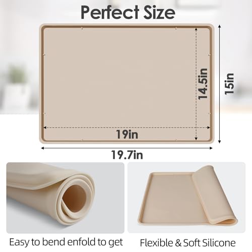 TOHONFOO Silicone Coffee Maker Mat with Lip, 19.7\'\' x 15\'\' Heavy Duty Coffee Maker Mat for Countertops, Coffee Tray Fit Under Coffee Machine Appliance Automatic Machines Espresso Accessory, Khaki