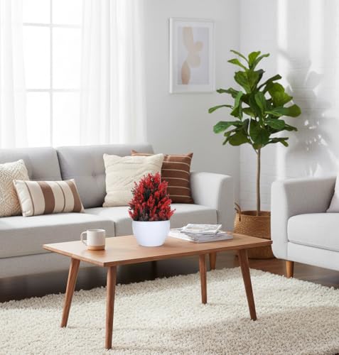 Image of Foliyaj Artificial Red Thick Bush Plant in White Pot | Faux Plants for Home Decor | Decorative Items for Living Room | Fake Plants for Decoration | 15 cm x 15 cm x 24 cm