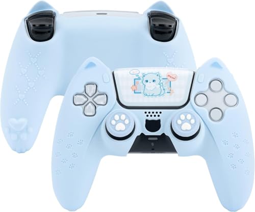 Image of GeekShare Cute Cat Paw PS5 Controller Skin Set Anti-Slip Silicone Protective Cover Skin Case for PS5 Wireless Controller with 2 Thumb Grip Caps and 1 Sticker (Blue)