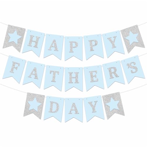 Image of Happy Father's Day Glitter Black Beer Bunting Banner for Dad Father's Party Decorations Backdrop Garland for Father's Day (Light Blue Silver Father)
