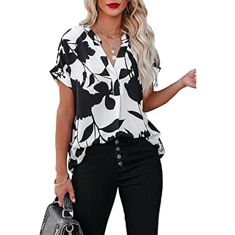 Ancapelion Women's Casual Loose Short Sleeve Blouse Tops Summer Black White Print Chiffon Shirt for Ladies Middle Cover