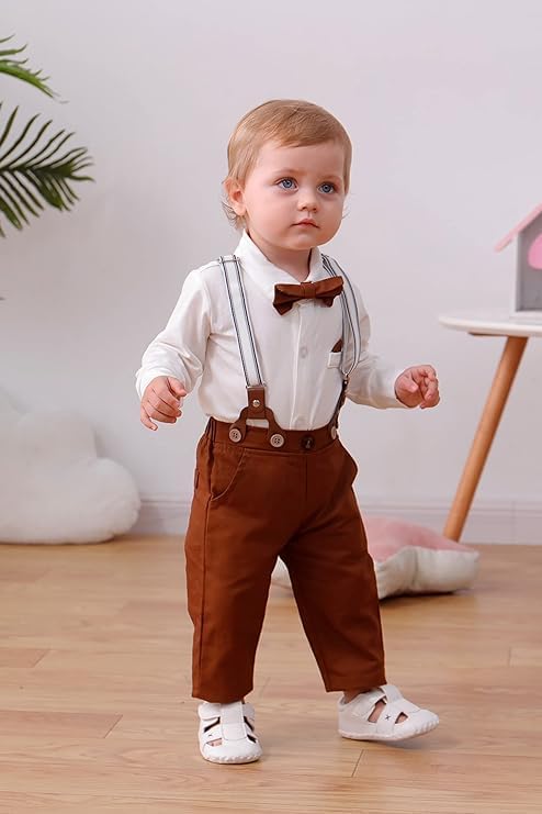 DISAUR Baby Boy Clothes Suits 4PCS Gentleman Outfit Dress Romper Beret Hat Suspender Pants Bow Tie Wedding Set - Image 2