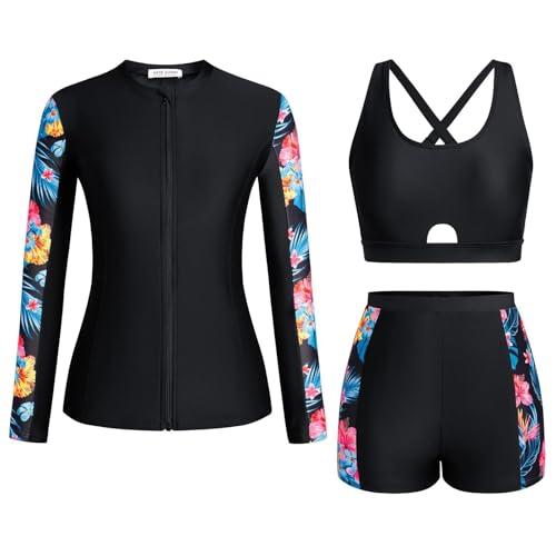 Generisch Traje de baño de manga larga Rashguard con protección solar UPF 50+, ideal para surf, buceo y como conjunto de tankini con bragas deportivas estampadas, perfecto para vacaciones o