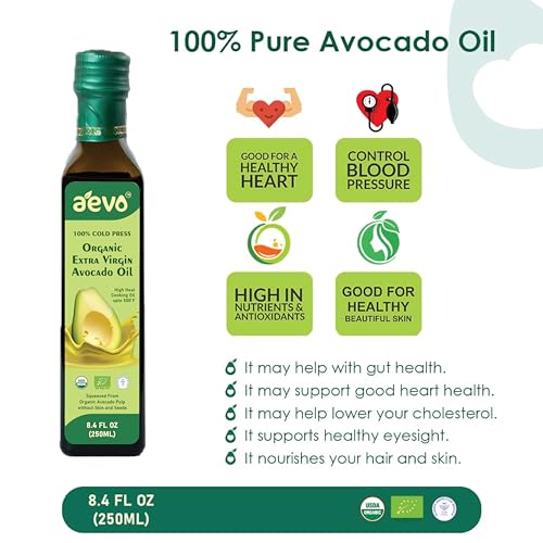Image of AEVO Organic Extra Virgin Avocado Oil - Unrefined & Cold Pressed Cooking Oil for Frying, Grilling, Roasting & Baking with Monounsaturated Fats, Vitamin E & Omega-9-250ml Bottle