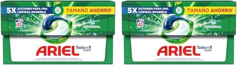 Ariel Todo En Uno PODS, Detergente Líquido Para Lavadora 43 Cápsulas Original Lavados, 5 Acciones Para Una Limpieza Increíble (Paquete de 2)