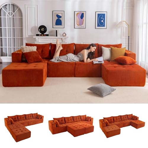 MAXYOYO 129.5 Modular Sectional Sofa Couch U Shaped Modern Cloud Couch with 2 Ottomans Sofa in A Box Tufted 6-Seat Boneless Sleeper Chair for Living Room No Assembly Required Orange