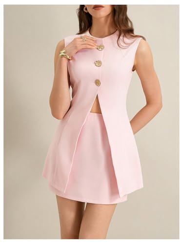 MakeMeChic Women's Two Piece Sets Metal Button Down Blazer Vest and Skirts Business Matching Set3
