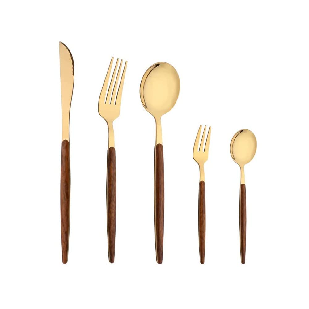 YELONA 5 pcs Golden Flatware Cutlery Set, Stainless Steel with Wooden Handle Tableware Set - 2 Spoons, 2 Forks & 1 Steak Knife (B0BRJLTGRT) Amazon Price History, Amazon Price Tracker
