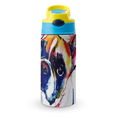 水筒 子供用 水彩 かわいい フレンチブルドッグ キッズ 魔法瓶 ストロー付き ステンレス ウォーターボトル 保冷 保温 350ml 真空断熱 ワンタッチオープンタイプ 直飲み 男の子 女の子 幼児 保育園 通学 遠足 旅行 プレゼント かわいい 可愛い