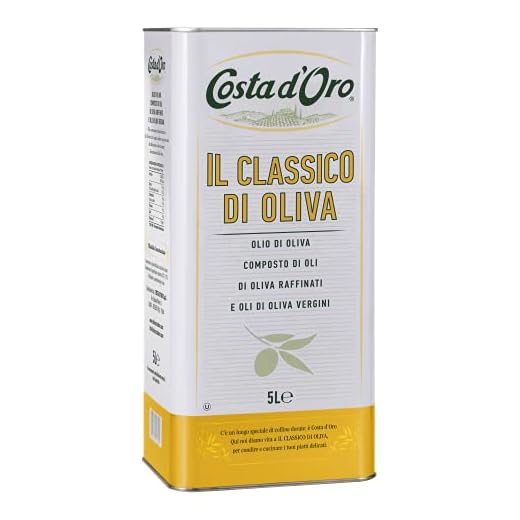 Costa d'Oro – Classico di Oliva 5L. Olio di oliva adatto a crudo per pesti e salse tipo maionese e per marinature, soffritti, cotture prolungate e fritture. Latta da 5 litri.