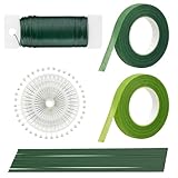 JTHTJOK 5-teiliges Set Floristenband & Blumendraht Set Selbstklebendes Floristik Kreppband + Grüner Blumenstieldraht für Blumensträuße, DIY Floristik, Geschenkverpackung und Bastelarbeiten