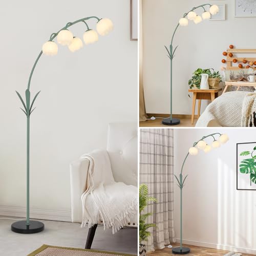 Image of HMVPL Arc Floor Lamp for Living Room, Flower Floor Lamp with 5 G9 LED Bulbs, Foot Switch, Green Floral Standing Lamp with Acrylic Shade, Curved Tall Lamp for Living Room Bedroom Corner Kids Reading