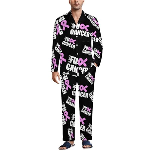 Fuck Cancer Funny Men's Pajamas Set Soft Loungewear Pjs Long Sleeve Cuban Shirt with Pajama Pants L