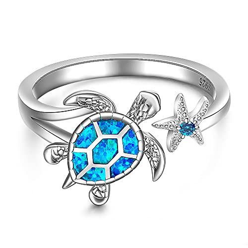 Bague tortue de mer cadeau idéal en argent et opale bleue avec écrin pour anniversaire