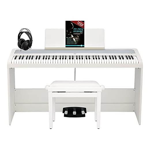 Korg B2SP WH - Pianoforte digitale deluxe con 88 tasti, supporto per pianoforte con 3 pedali, panca per pianoforte, cuffie, alimentatore di rete e scuola, colore: Bianco