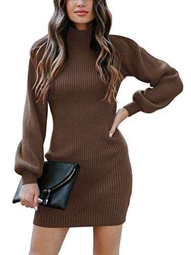 ANRABESS Womens Cowl Neck Cable Knit Long Sleeve Winter Sweater Bodycon Mini Dress A145zongtuo-M Brown