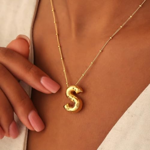 Balloon Initial Necklace for Women 18K Gold Plated Bubble Letter Pendant Dainty Puffy Name Beaded Chain Necklace Gift For Girls - Image 3