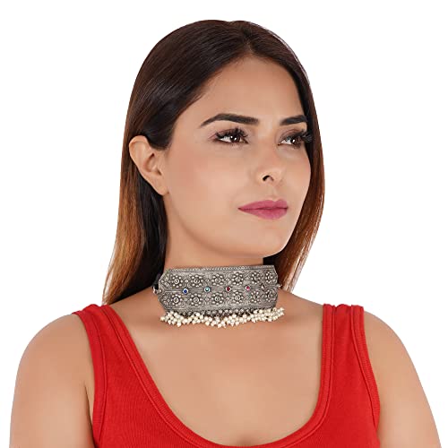 Jwellmart Oxidised Metal Pearl Afghani Tribal Vintage Retro Gypsy Choker Ghungroo Necklace Indian Traditional Bollywood Ethnic Jewelry For Women Girls (Multicolor3) #TOP1