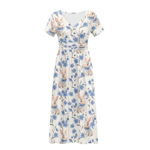 Image of Women's Fall Summer Short Sleeve Ankle Length V-Neck Party Dress with Pockets Size S-3XL