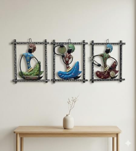 Image of Nagpuri Musician Metal Wall Frame Set | Handcrafted Tribal Musician Art Decor | Traditional Indian Folk Sculpture Frames for Home, Living Room, Office Wall Decoration (Set of Frames)