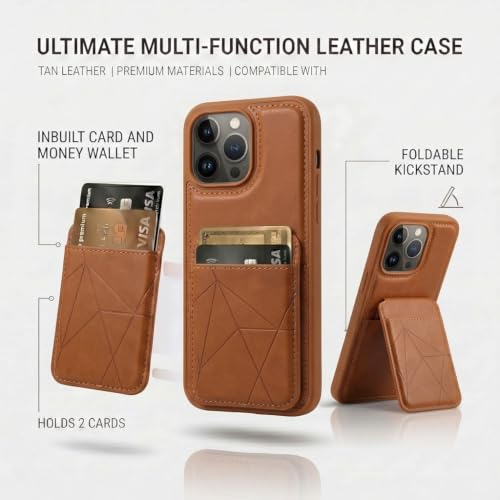 Image of amazon basics Premium Vegan Leather Back Cover with Card Holder and Integrated Mobile Stand for iPhone 14 Pro - Slim Shockproof Wallet Case with Geometric Stitching [Tan]