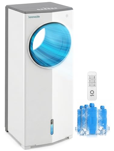 SereneLife Portable Evaporative Air Cooler with 4L Detachable Water Tank, 1800 CFM Evaporative Cooler with Remote & Ice Packs, Indoor Outdoor Air Cooler Portable for Room Use, (White & Gray)