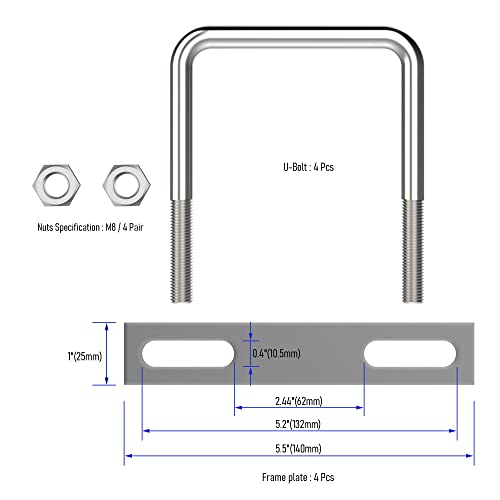 Image of 4 Sets 304 Stainless Steel Square U-Bolts 3.54 inch(90mm)Inner Width, 4.72 inch(120mm)Length Stainless M10 with Nuts, Frame Plate, Accessories for Automobiles Trailer, Boat Trailer Industrial Parts