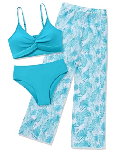 Image of Girls Swimsuit 3 Piece Bathing Suit Criss Cross Bikini Set Tropical Floral Swimwear with Mesh Cover Up Pants Size 9-16Y