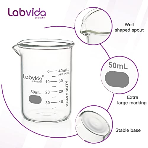 Labvida Heavy Duty Glass Beakers Set 5 Pcs Of Vol.50Ml Thick-Walled, 3.3 Boro Griffin Low Form With Double Scale Printed Graduation For Laboratories, Industries, Schools And Home Use, Lvac017 #TOP3