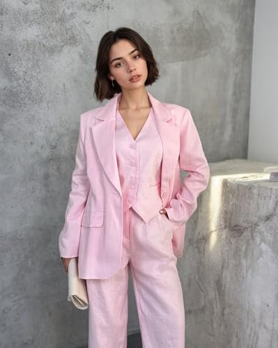 LEWIJO White Linen Suits for Women - Elegant 3-Piece Summer Casual Blazer Vest Pants Set in Size Small - Image 3