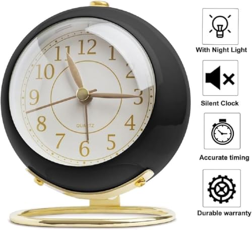Image of Vintage Analog Alarm Clock with Night Light, Silent Non-Ticking Quartz Movement, Battery Powered Round Desk Clock with Gold Metal Stand, HD Glass Dial for Bedroom, Office, Study Table Decor (Black 1)