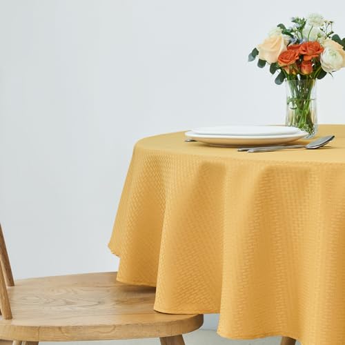 Image of maxmill Round Weaved Texture Design Tablecloth Spill-Proof Wrinkle Free Soft Washable Table Cloth for Circular Table Cover, for Dining Room Banquet Parties Holiday Dinner, 90 Inch Ochre Yellow