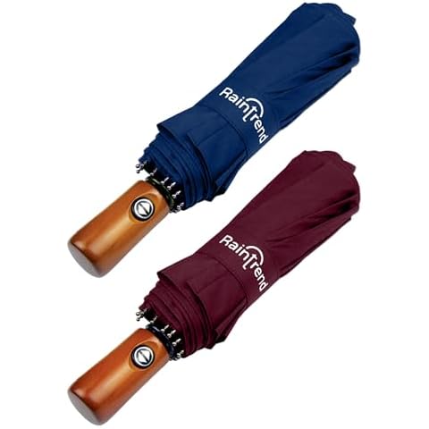 Raintrend 2 Pack Umbrellas for Rain Windproof Travel Navy Blue and Burgundy Umbrella - Large Double Canopy but Compact Folding Portable - Automatic Strong Wind Resistant Construction Cover