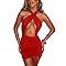 Vestido feminino sexy cruzado frente única amarrado com cordão franzido colado ao corpo, Vermelho, PP
