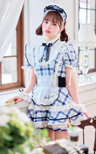 [Malymoon] コスプレ メイド ウエイトレス チェック 青 赤 藤咲凪 フリル 衣装 仮装 マリームーン 7点セット 10251 詳細画像2