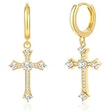 FEEL STYLE Gold Plated Drop Dangle Cross Earrings for Women Men - Hypoallergenic Dainty Lightweight Small Huggie Hoop Earring Jewelry Gifts